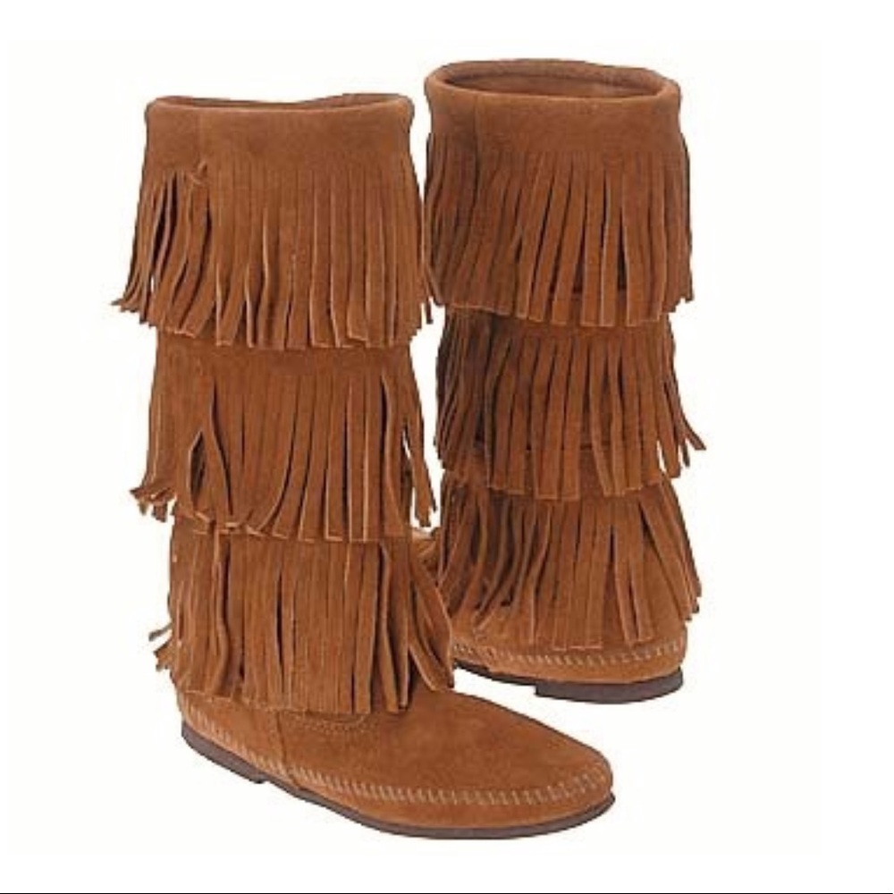 Minnetonka 3 Layer Fringe Boot Brown Suede Size 8
